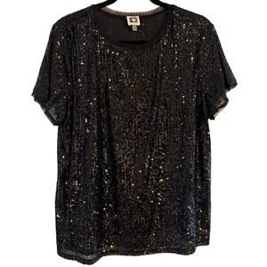 Anne Klein black sequin top women’s 0X short sleeve evening blouse